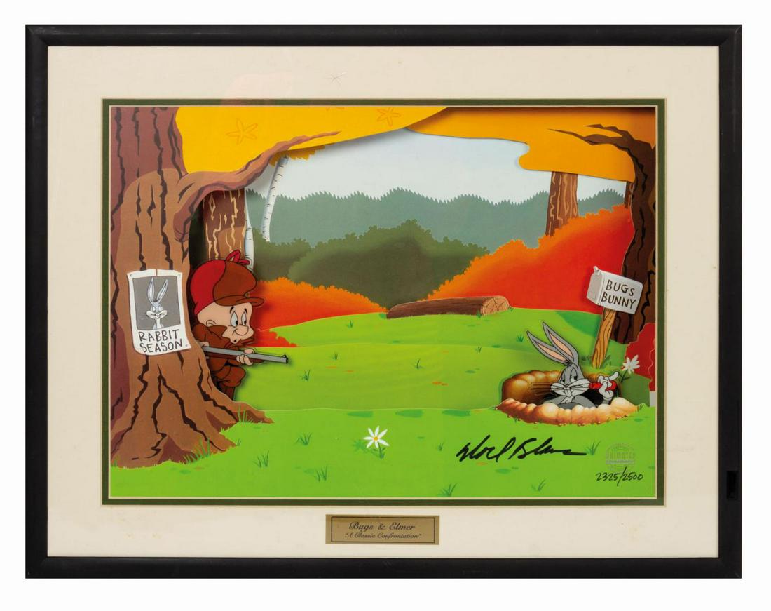 "A Classic Confrontation" Animated Animations.: (Warner Bros., 1997) An Animated Animations electronic diorama titled "A Classic Confrontation." The piece recreates a scene from the 1940 animated short "A Wild Hare" starring Bugs Bunny and Elmer Fu