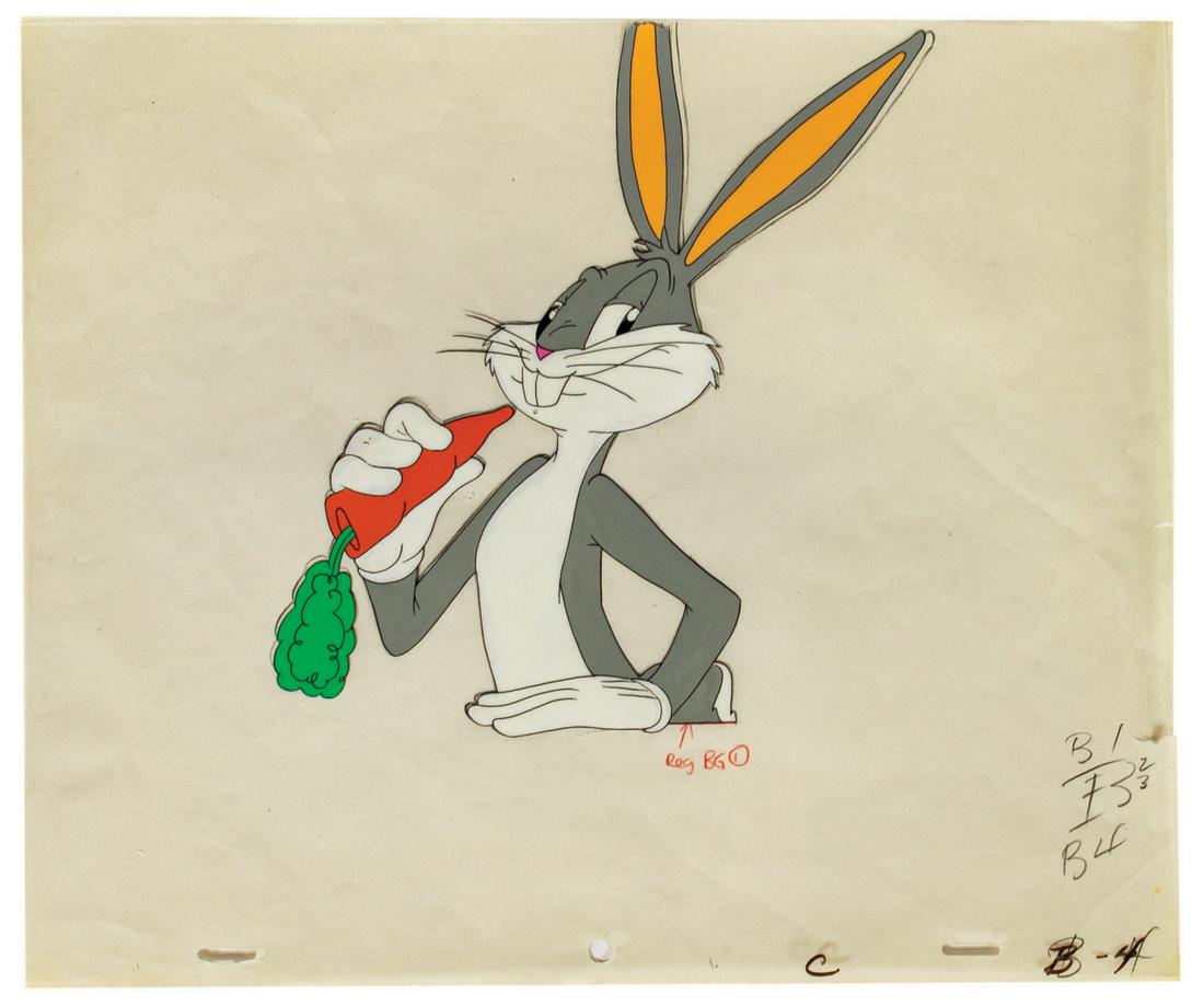 Bugs Bunny Original Production Cel.: (Warner Bros., c.1980s) An original production cel featuring Bugs Bunny, attributed to an animated commercial in the 1980s. The cel is accompanied by a matching production drawing. This hand-painted c