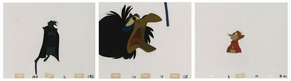 Set of (3) Production Cels from The Secret of NIMH.: (Don Bluth, 1982) A set of (3) original production cels from the Don Bluth animated feature The Secret of NIMH. The hand-painted cels depict Mrs. Brisby, Jenner, and Jeremy and a dangling string. Each