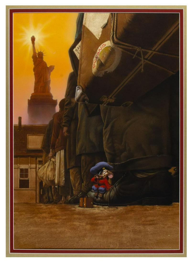 An American Tail Drew Struzan Original Poster Painting.: (Universal, 1986) An original poster design painting by renowned poster artist Drew Struzan for the animated feature An American Tail. The piece depicts the film’s diminutive protagonist, Fievel, se