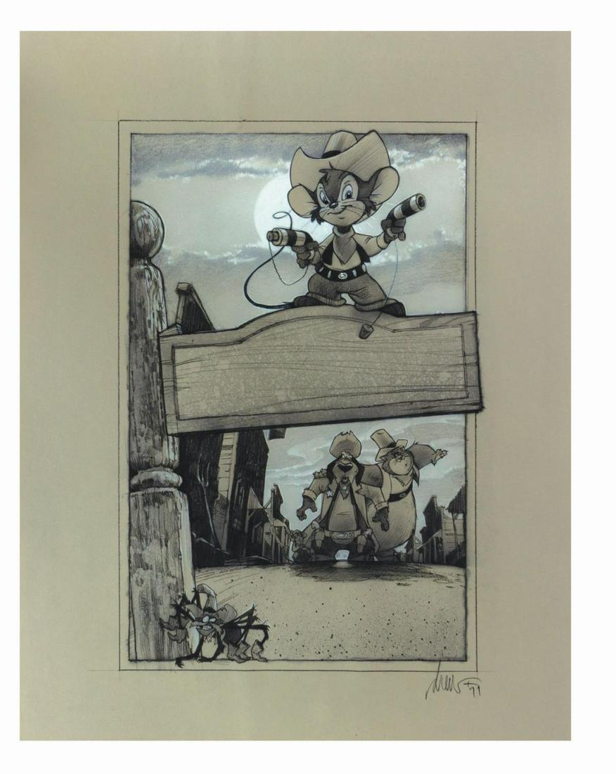 Fievel Goes West Drew Struzan Original Poster Concept.: (Universal, 1991) An original drawing by renowned movie poster artist Drew Struzan, depicting a poster concept for An American Tail: Fievel Goes West. This original artwork differs slightly from what 