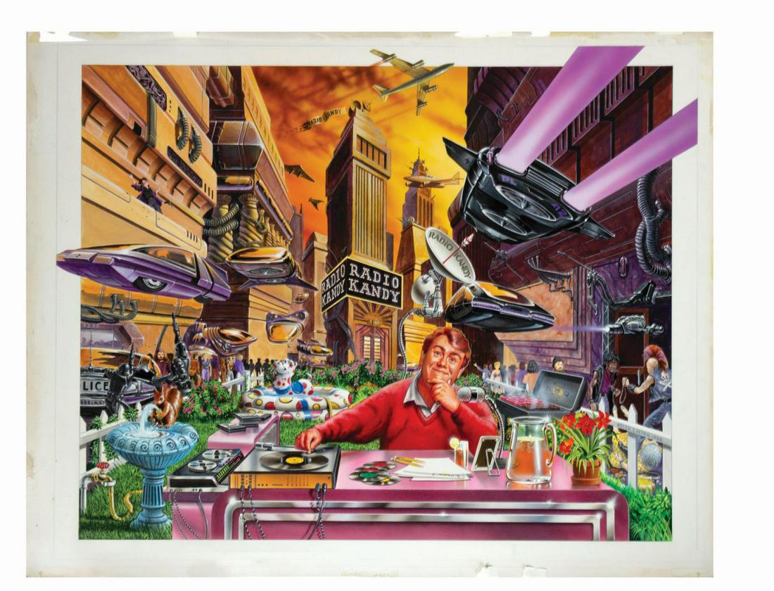 "Radio Kandy" John Candy Radio Program Painting.: (Candy, 1988) An original painting created for "Radio Kandy," a popular radio program helmed by comedian John Candy. The painting was created by renowned illustrator Peter Green and used for internal 