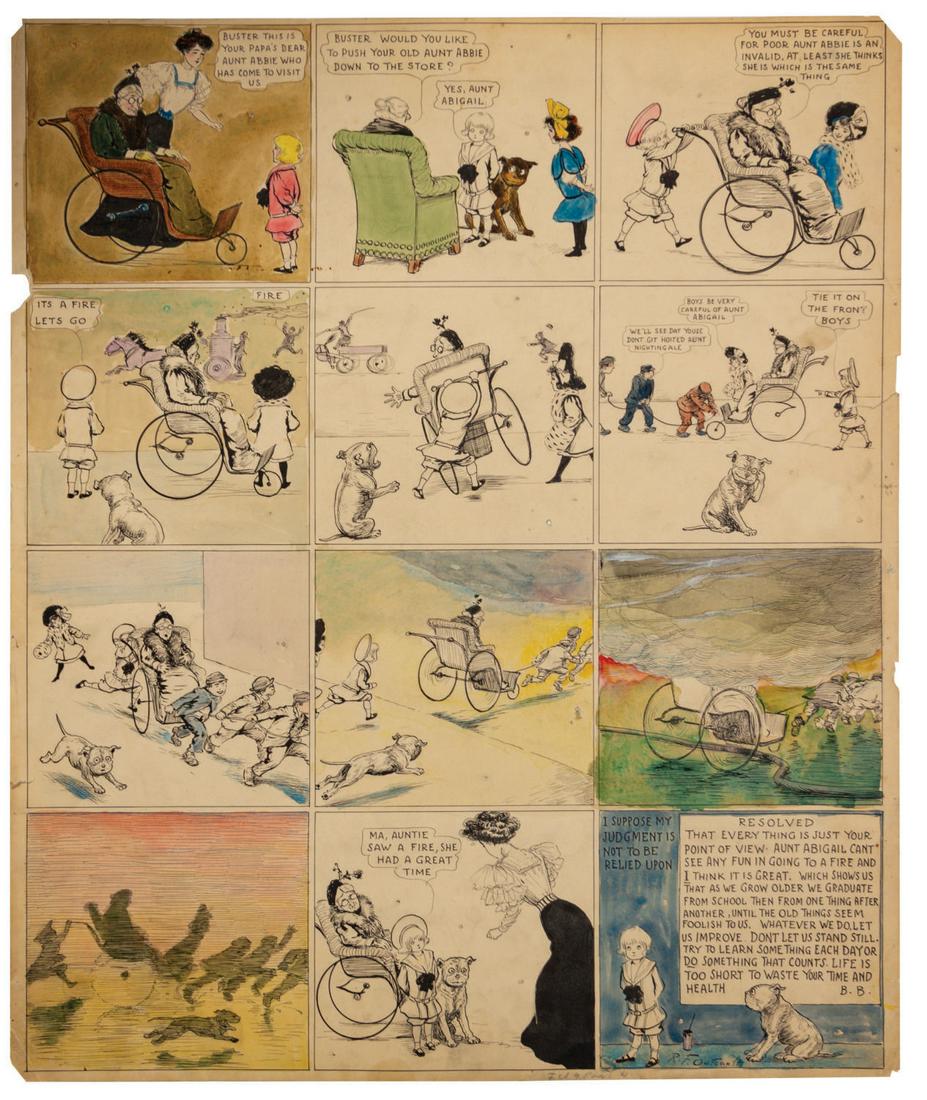 Original Buster Brown Comic Strip Art by R.F. Outcault.: (Outcault, 1908) An original hand-colored Buster Brown comic strip by Richard F. Outcault. In 1895, Outcault created "The Yellow Kid," considered the first of the modern newspaper comic strip series.