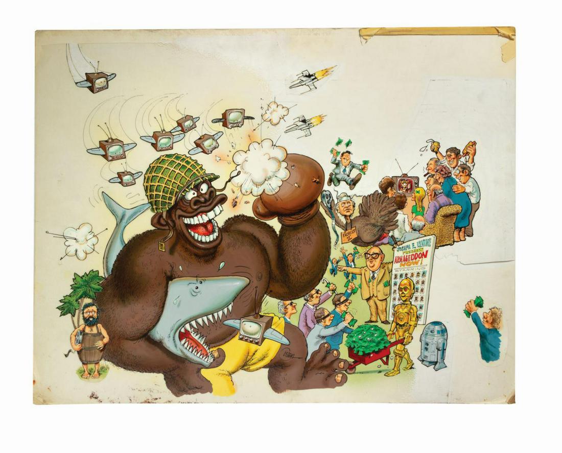 Original Hollywood Blockbuster Playboy Painting.: (Playboy, 1978) An original painting used in a 2-page spread in a 1978 issue of Playboy magazine. This artwork was paired with an article titled "Hollywood Goes Big-Budget Bananas," which commented on
