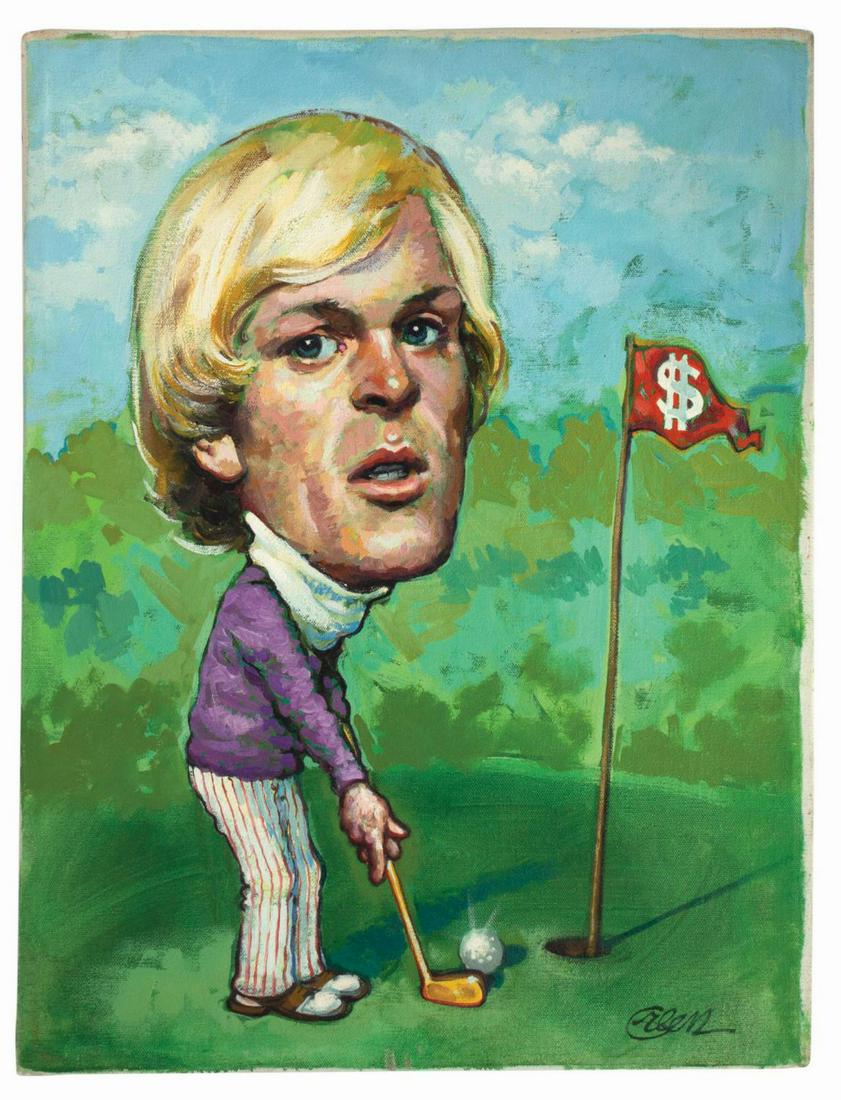 Johnny Miller Mainliner Magazine Cover Painting.: (East/West Network, c.1970s) An original caricature portrait painting of hall-of-fame golfer Johnny Miller from the height of his playing career created by renowned illustrator Peter Green. The painti