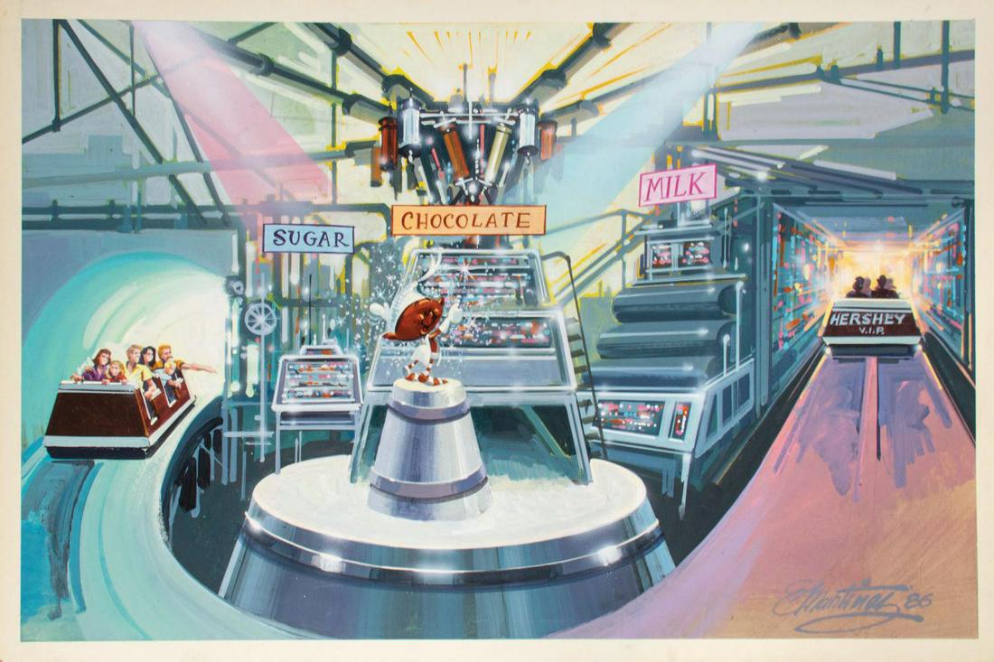 Hershey Chocolate World Tour Concept Art.: (Hershey, 1986) An original concept painting for the chocolate factory tour at Hershey Chocolate World by artist Eddie Martinez. Hershey opened Hershey Chocolate World in 1973 to direct tourist traffi