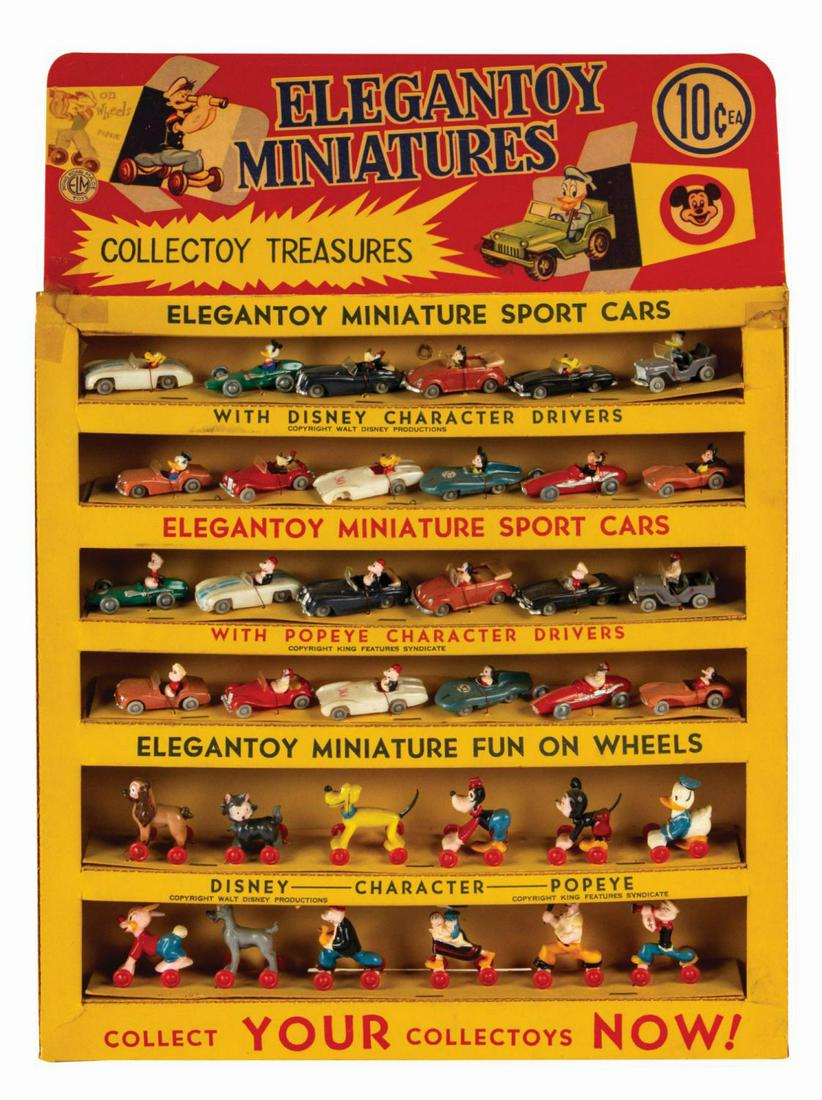 EleganToy Minitures Sport Car Store Display.: (Marx, c.1950s) A store display featuring (36) Elegantoy Miniatures. Among the characters depicted are Mickey, Donald, Pluto, Goofy, Popeye, Olive, Bluto, and Wimpy, with the addition of (4) other cha