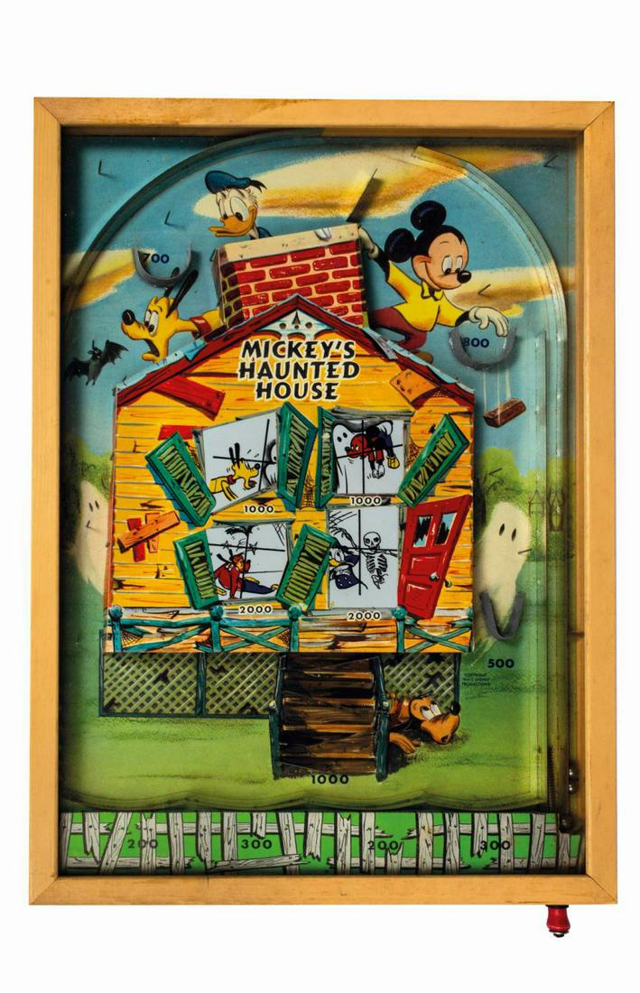 Mickey's Haunted House Electronic Action Game.: (Northwestern Products, ca. 1950s) A vintage Mickey's Haunted House Electronic Action Game manufactured by Northwestern Products. Constructed of metal and paper components inside a wood and glass case