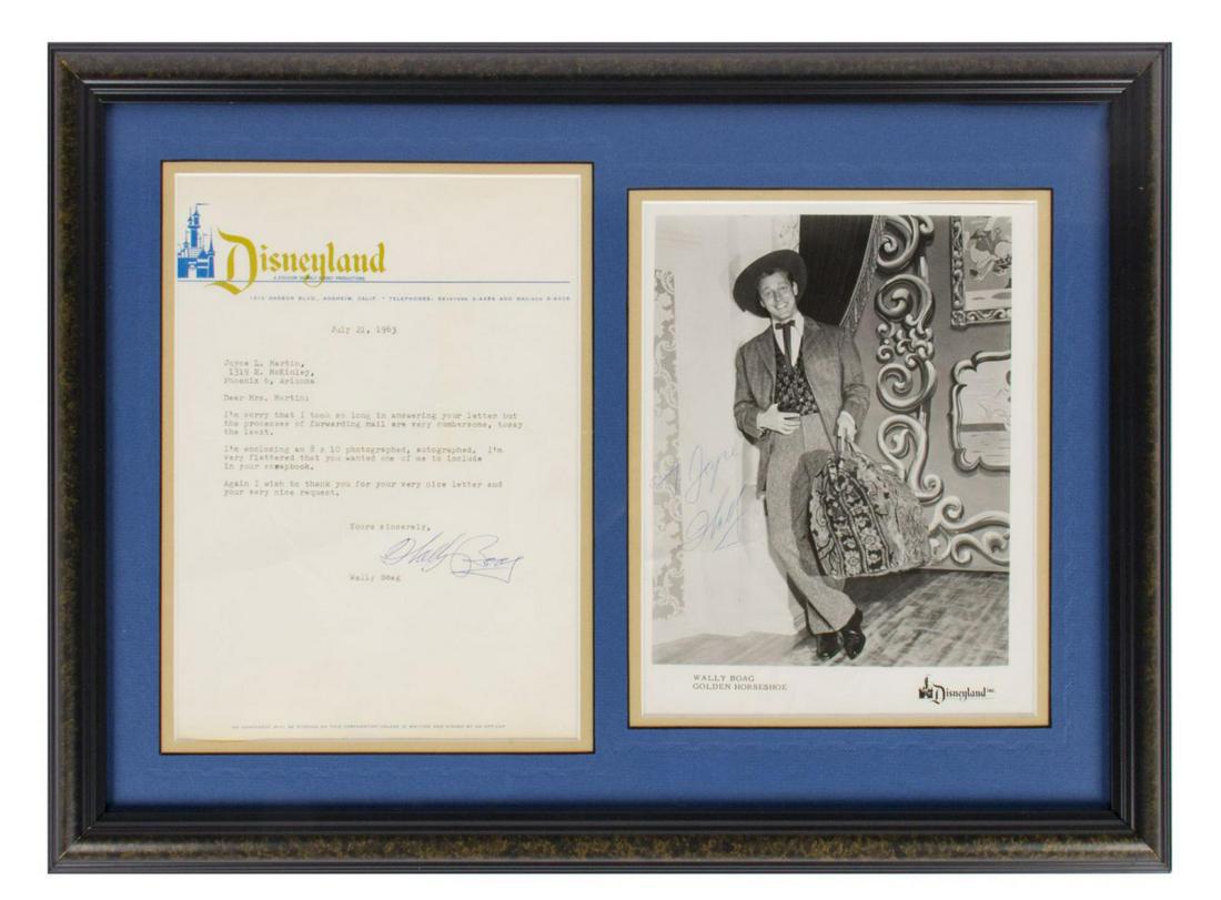 Signed Wally Boag Letter and Photograph.: (Disneyland, 1963) An original typed and signed letter by Disney Legend and long-time Golden Horseshoe star, Wally Boag. In the letter, Boag apologizes for his late reply, almost a year after the fan'