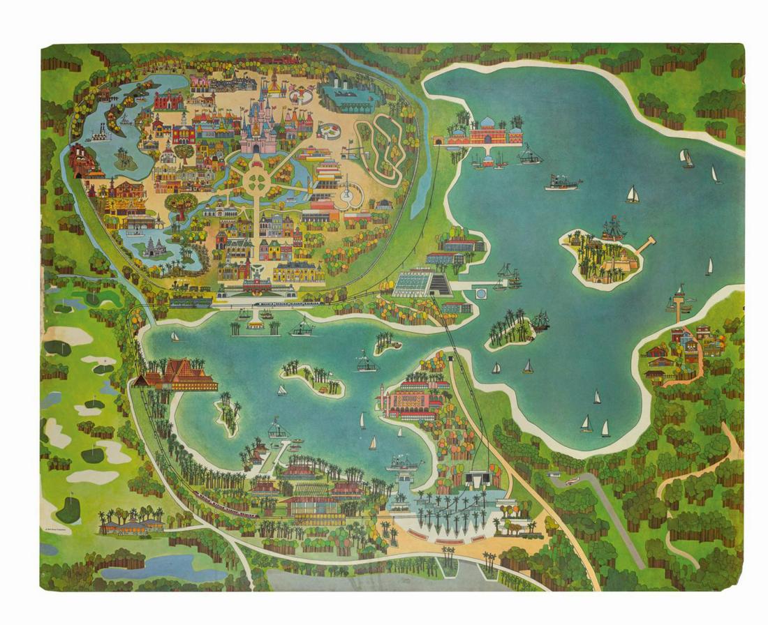 Walt Disney World Paul Hartley Aerial Map.: (Walt Disney World, 1971) A mammoth printed map illustrated by Paul Hartley. This map features a stylized aerial view of the Walt Disney World Resort at the time of its opening and was one of the very