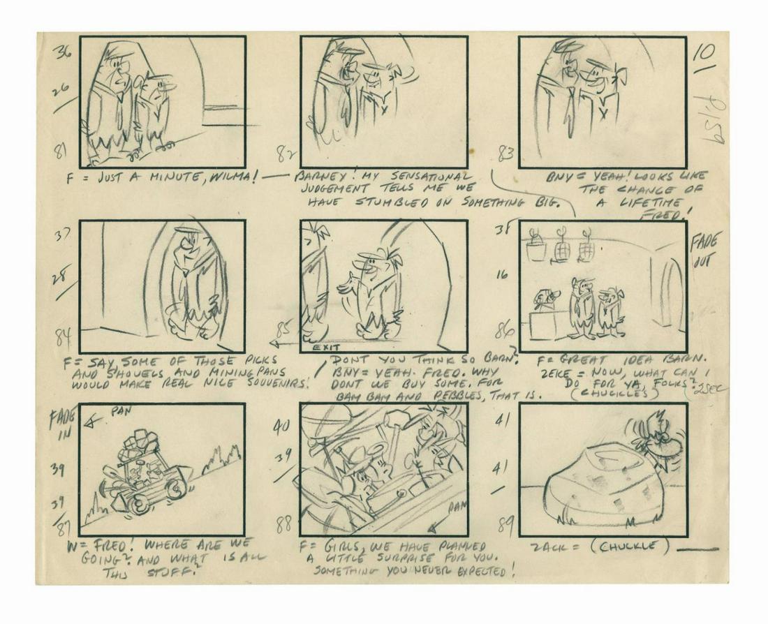 The Flintstones Original Storyboard Page.: (Hanna-Barbera, 1966) A page of original storyboard drawings from "The Treasure of Sierra Madrock," the 19th episode of the 6th season of the classic Stone Age sitcom, The Flintstones. This episode pa