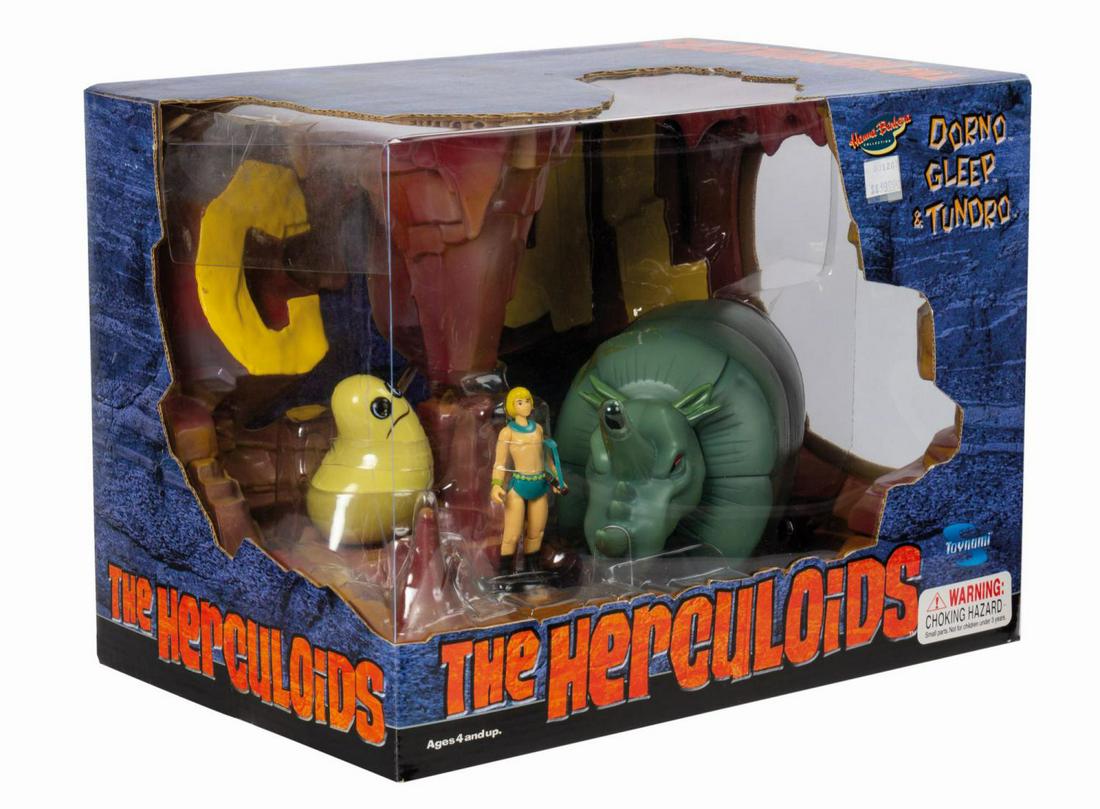 The Herculoids Dorno, Gleep, & Tundro Playset.: (Toynami, 2003) A The Herculoids playset manufactured by Toynami. The set includes an articulated Dorno figure with slingshot, Gleep, and a rolling Tundro figure. Never opened, all items are banded in