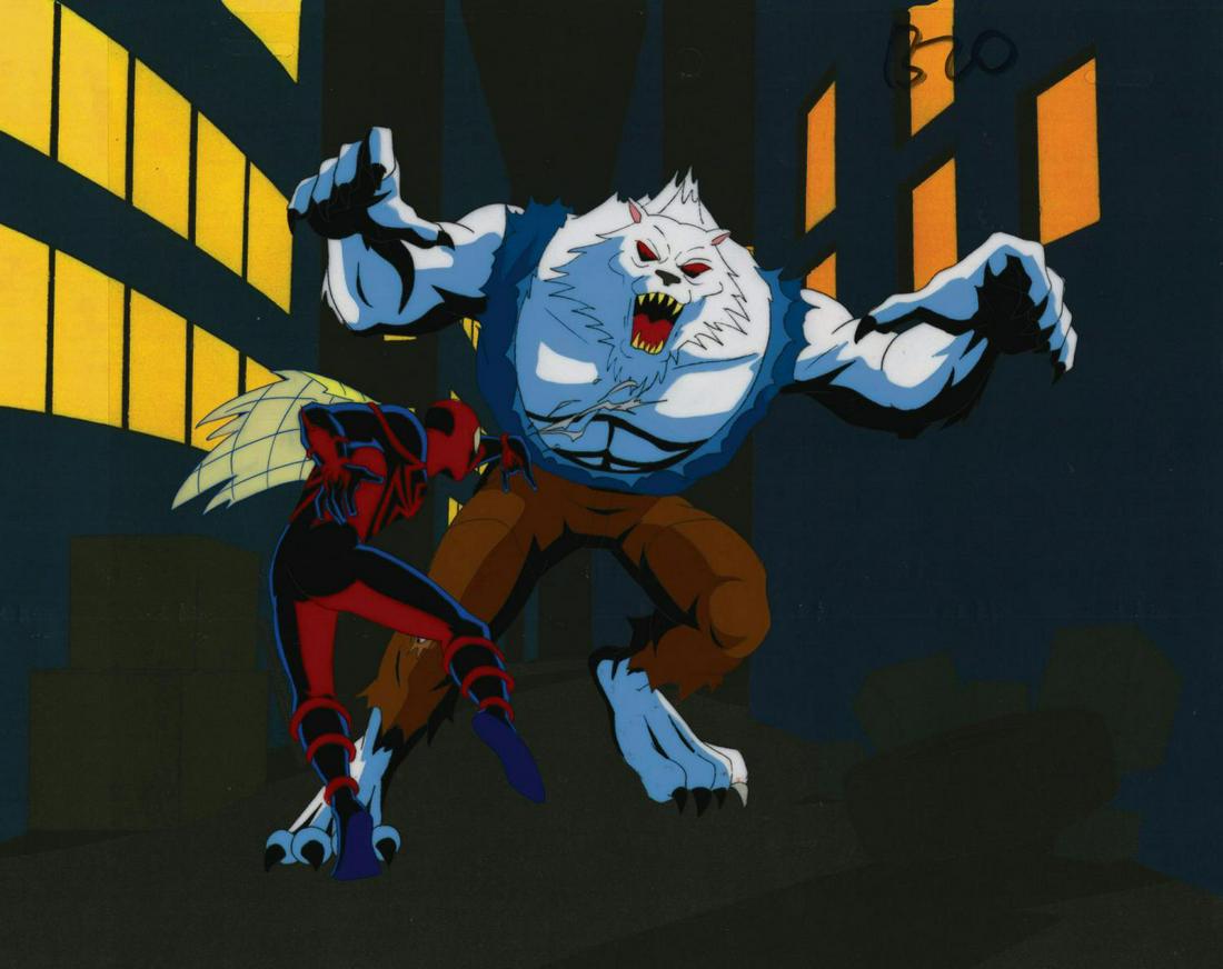 Spider-Man Unlimited Man-Wolf Production Cel.: (Marvel, c.1999) An original hand-painted production cel from Spider-Man Unlimited. The cel depicts Spider-Man fighting John Jameson transformed as Man-Wolf. This cult series marked the first animated