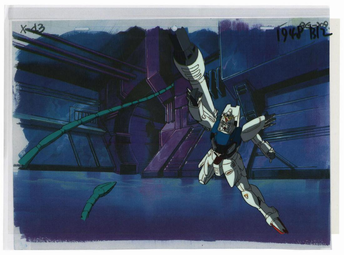 Original Mobile Suit Gundam F91 Cel.: (Sunrise, 1991) An original production cel from Mobile Suit Gundam F91, created and directed by Yoshiyuki Tomino. The cel features Seabook Arno in the Gundam F91 suit, as seen in the final climatic ba