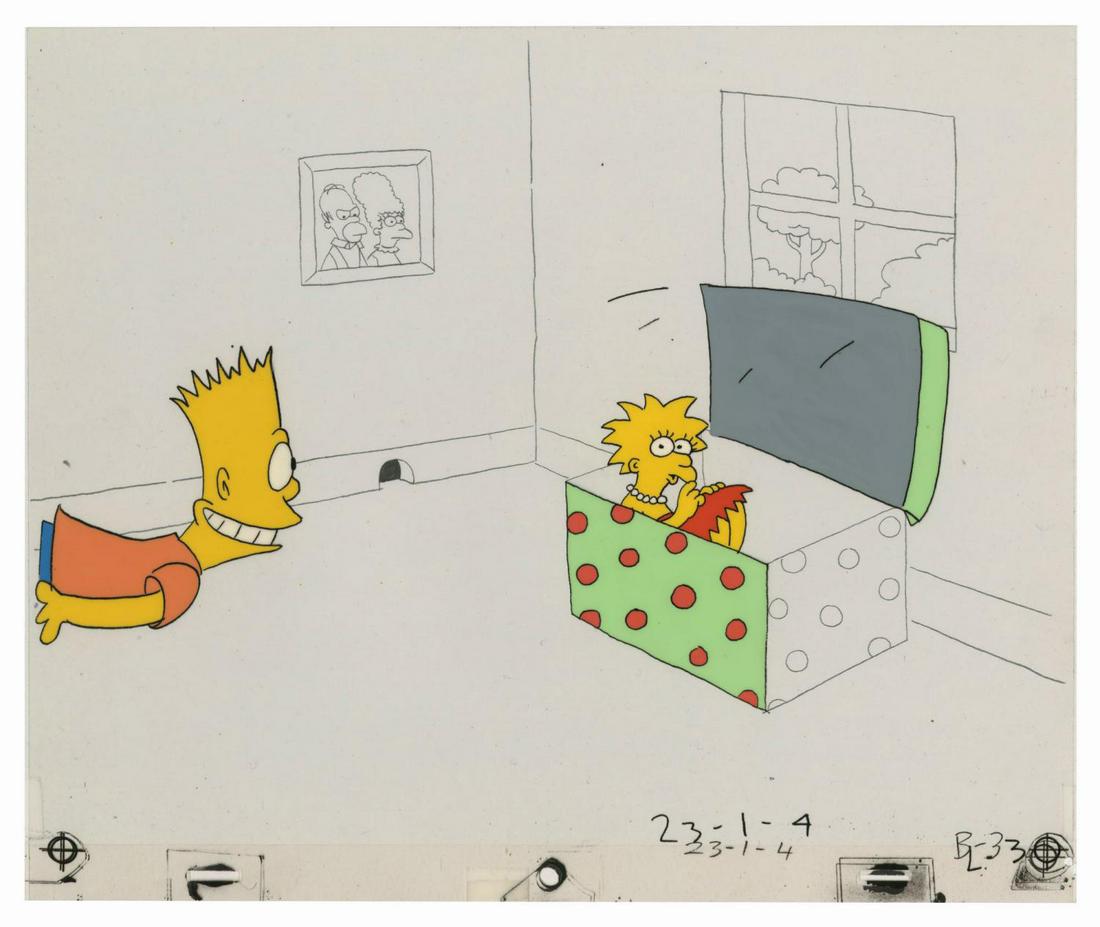 Bart and Lisa Simpson Cel from Tracey Ullman Short.: (Fox, 1988) A pair of original hand-painted production cels featuring Bart and Lisa Simpson from the Tracey Ullman Show Simpsons short, "The Closet." One cel depicts Bart peeking into the room with a 