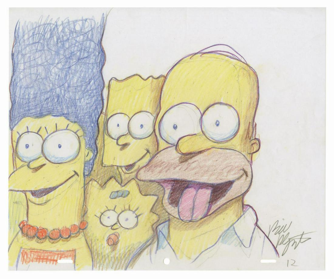 The Simpsons Bill Plympton Production Drawing.: (Fox, 2019) An original production drawing of Homer, Marge, Bart, and Maggie Simpson by renowned illustrator and animator Bill Plympton. This drawing was used in The Simpsons Season 19 Box Set. This a