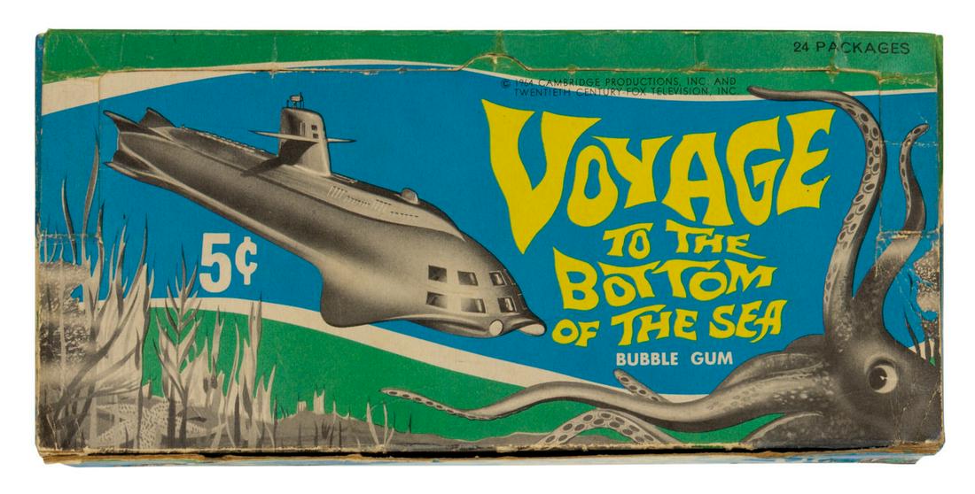 Voyage to the Bottom of the Sea Trading Card Box.: (Donruss, 1964) An original box that contained five cent wax packs of Voyage to the Bottom of the Sea trading cards manufactured by Donuss. The perforated flap on the top of the box that folds up to c