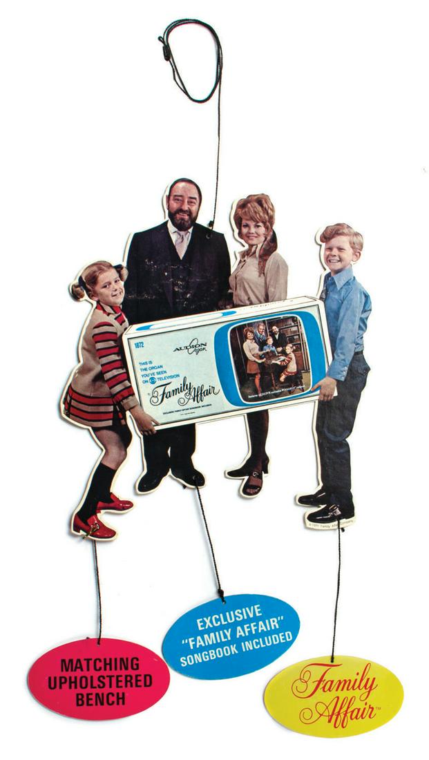Family Affair Audion Organs Advertising Mobile.: (Audion, 1971) A rare vintage Family Affair Audion Organs advertising mobile. Constructed of diecut cardboard, the body of the mobile features the cast of Family Affair, including Sebastian Cabot as "