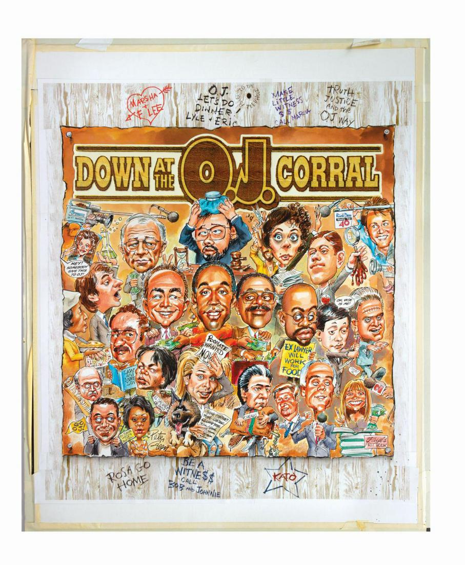 O.J. Simpson Trial Caricature Painting by Peter Green.: (Green, 1995) An original caricature painting by renowned illustrator Peter Green. The painting depicts the prominent figures of the O.J. Simpson murder trial. The trial took the world by storm, with