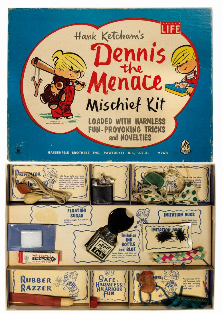 Dennis the Menace Mischief Kit.: (Hassenfeld Bros., 1955) A Dennis the Menace Mischief Kit by Hassenfeld Brothers, which would later become Hasbro. The kit includes several "harmless fun-provoking tricks and novelties" based on the s