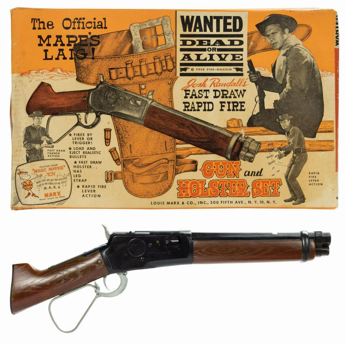 The Official Mare's Laig Gun and Holster Set.: (Marx, ca. 1958) A vintage Wanted Dead or Alive Josh Randall Fast Draw Rapid Fire Gun and Holster Set manufactured by Marx. The set includes a cap firing and bullet ejecting sawed off repeating rifle 