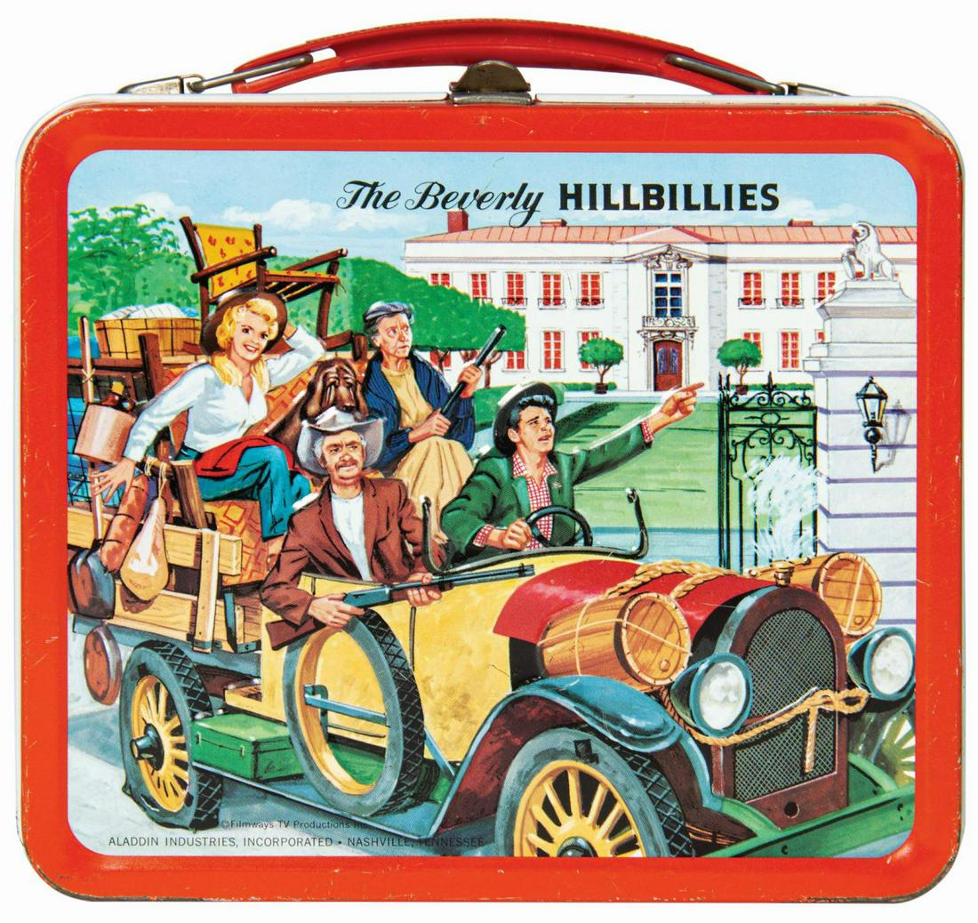 The Beverly Hillbillies Lunch Box with Thermos.: (Aladdin, 1963) A very rare tin lunch box based on The Beverly Hillbillies. This lunch box is difficult to find in any condition, with one that presents as well as this, with the thermos still include