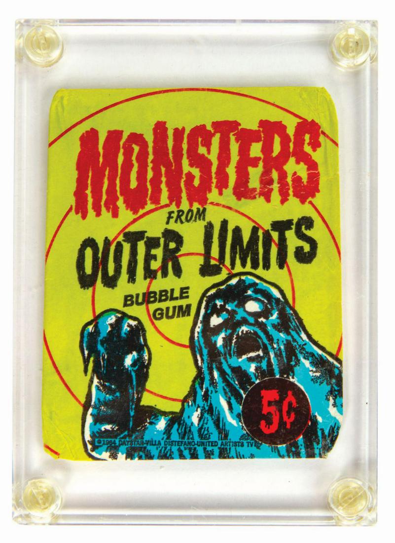 Monsters from Outer Limits Bubble Gum Card Wrapper.: (Bubbles Inc., 1964) A very rare Monsters from Outer Limits wax bubble gum card pack wrapper. These packs represent the last usage of the "Bubbles, Inc." name by Topps. The 5 cent wrapper is displayed