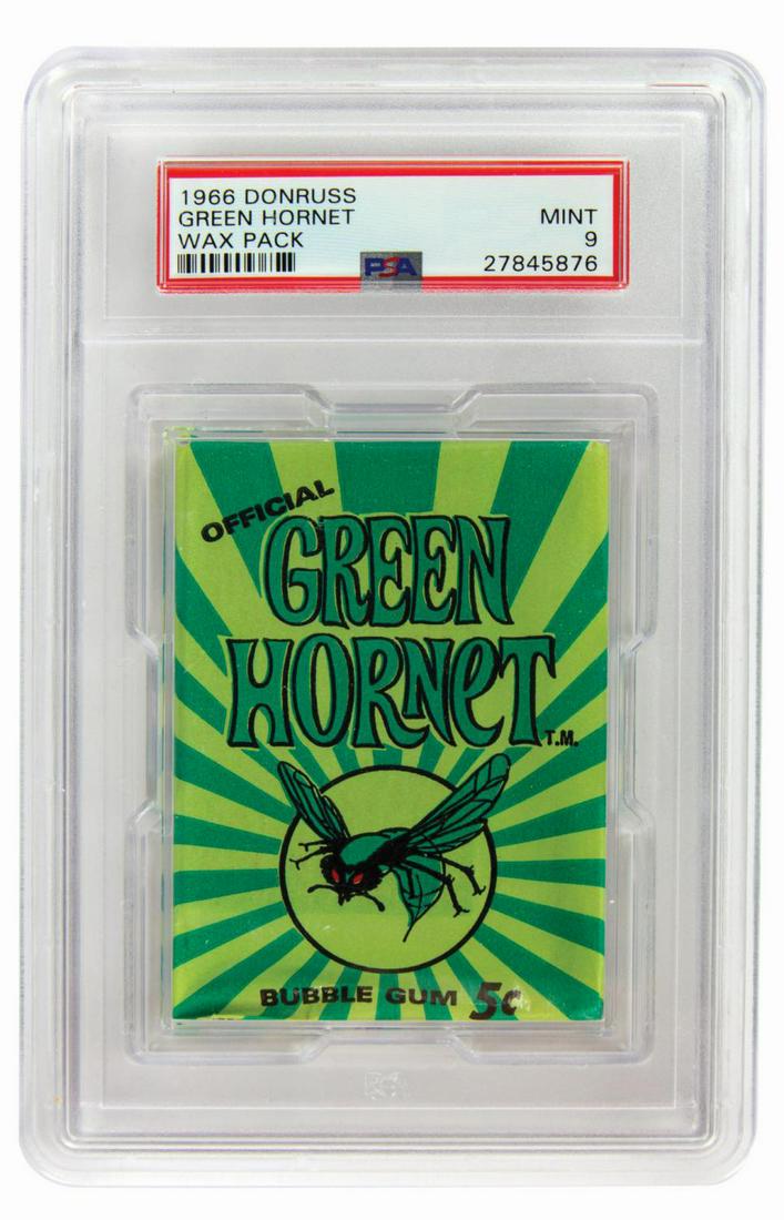 Graded PSA 9 Green Hornet Bubble Gum Card Pack.: (Donruss, 1966) An unopened Green Hornet bubble gum card pack. The pack has been graded a Mint 9 by PSA and comes in a PSA hard case for protection and display. The 44 card set by Donruss was notable
