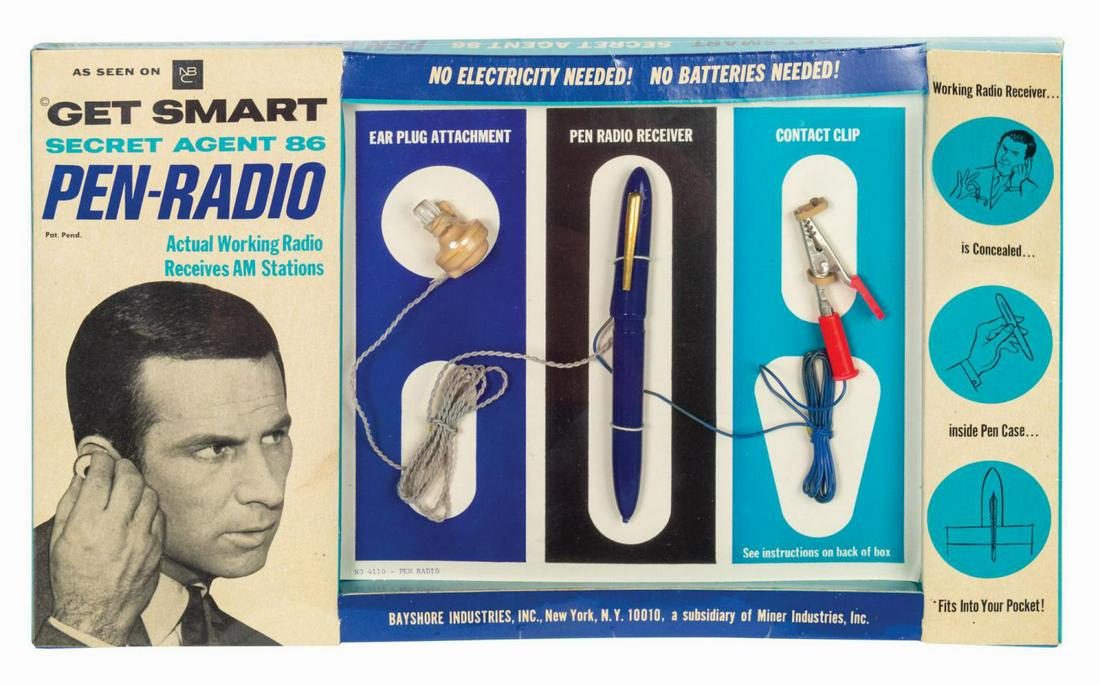 Get Smart Secret Agent 86 Pen-Radio.: (Bayshore Industries, 1966) A vintage Get Smart Secret Agent 86 Pen-Radio set manufactured by Bayshore Industries. When the clip is attached to a metal object, AM radio stations are tuned in by twisti