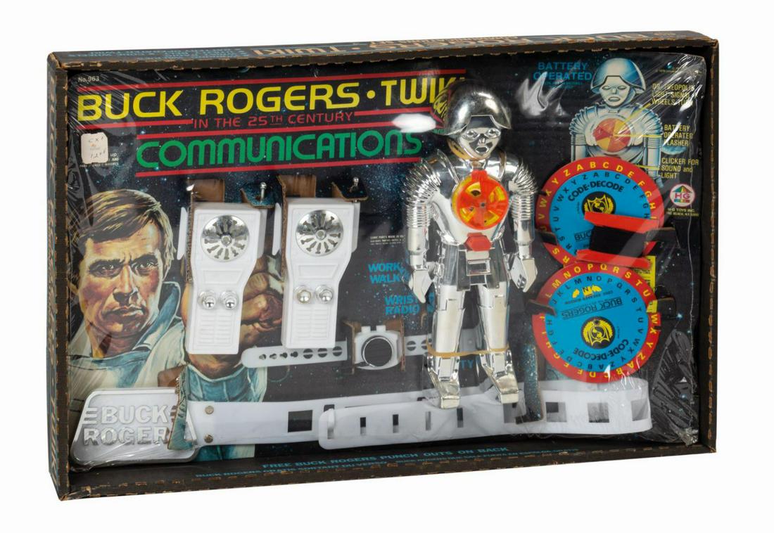 Buck Rogers Twiki Communications Playset.: (HG Toys, 1979) A rare vintage Buck Rogers in the 25th Century Twiki Communications playset manufactured by HG Toys. The set includes a pair of "working" walkie talkies, a reel of string to connect th