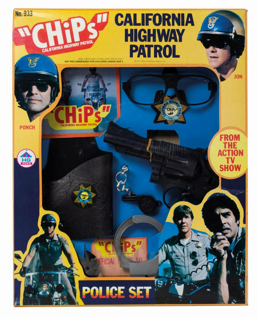 CHiPs California Highway Patrol Police Action Set.: (HG Toys, 1977) A vintage CHiPs California Highway Patrol Police Action Set manufactured by HG Toys. Never opened, all items are factory sealed with shrink wrap inside the original cardboard box packa