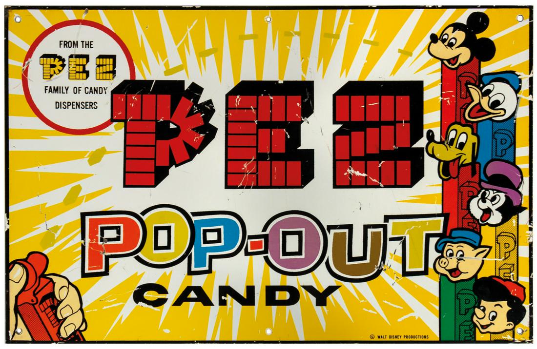 Pez Enamel Sign.: (Pez, 1954) A vintage enameled metal Pez advertising sign. Featuring eye-catching period design, the sign depicts several Disney characters as Pez dispensers including Mickey Mouse, Donald Duck, Pluto