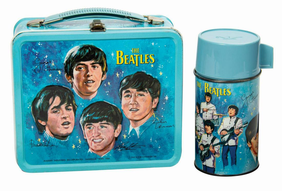 The Beatles Lunch Box and Thermos.: (Aladdin, 1965) A vintage The Beatles embossed tin lithographic lunch box with matching thermos manufactured by Aladdin. The first lunch box to feature pop music stars, the Fab Four are depicted in in