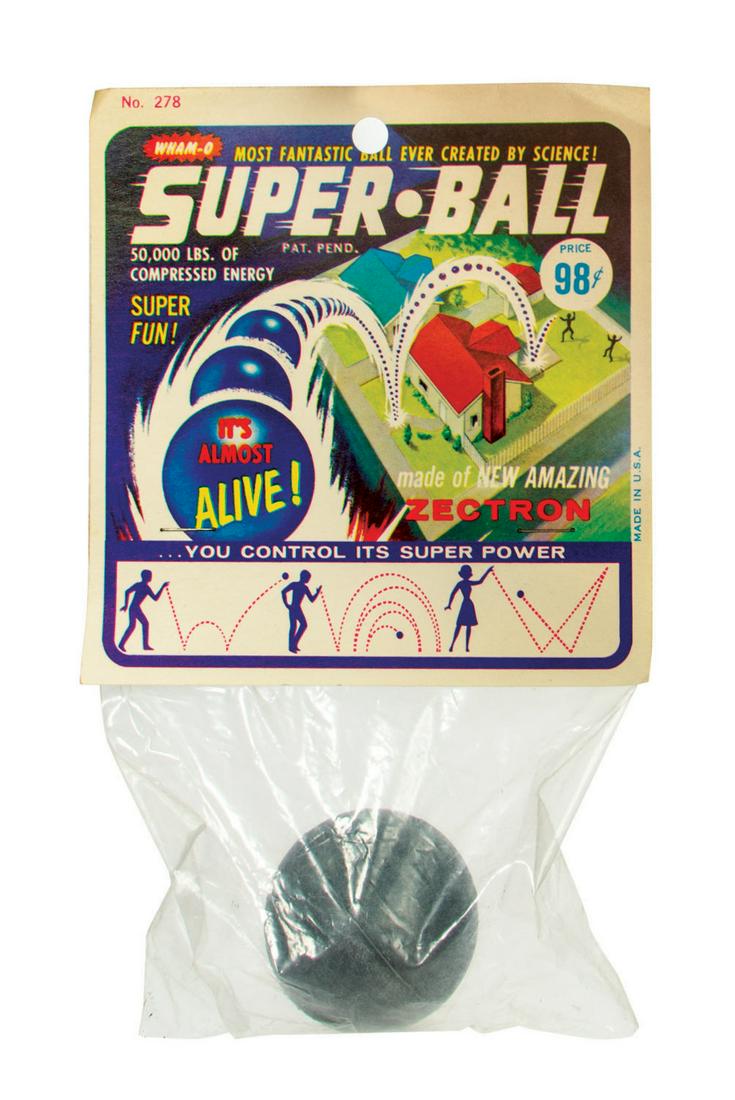 Unopened 1965 Super Ball by Wham-O.: (Wham-O, 1965) An original unopened Super Ball manufactured by Wham-O. Created in a synthetic rubber called "Zectron" by chemist Norman Stingley in 1964, the toy bouncing ball became an instant fad wh