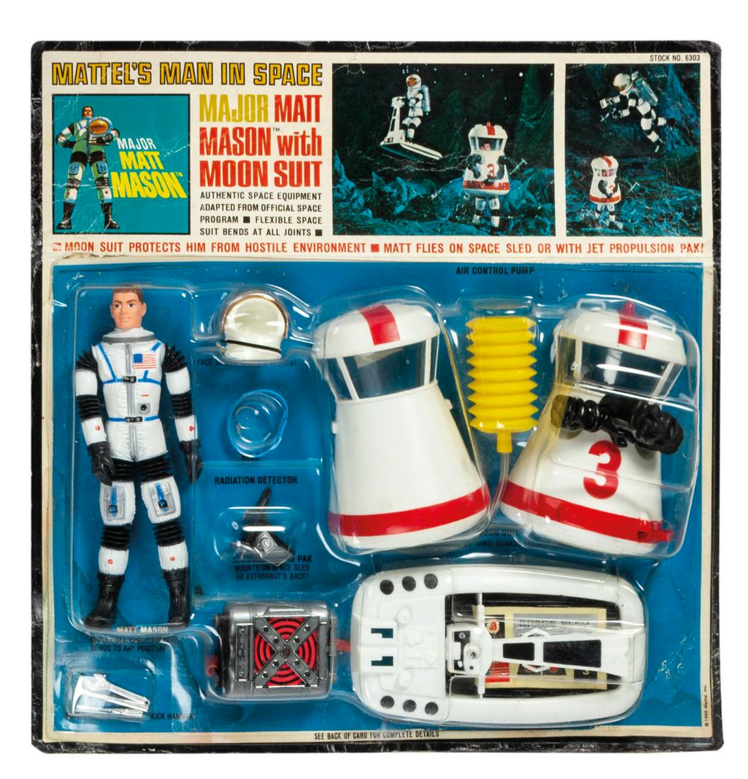 Major Matt Mason with Moon Suit Playset.: (Mattel, 1966) A vintage Major Matt Mason with Moon Suit playset manufactured by Mattel. Called "Mattel's Man in Space," the Matt Mason line was the toymaker's attempt to cash in on interest in all th