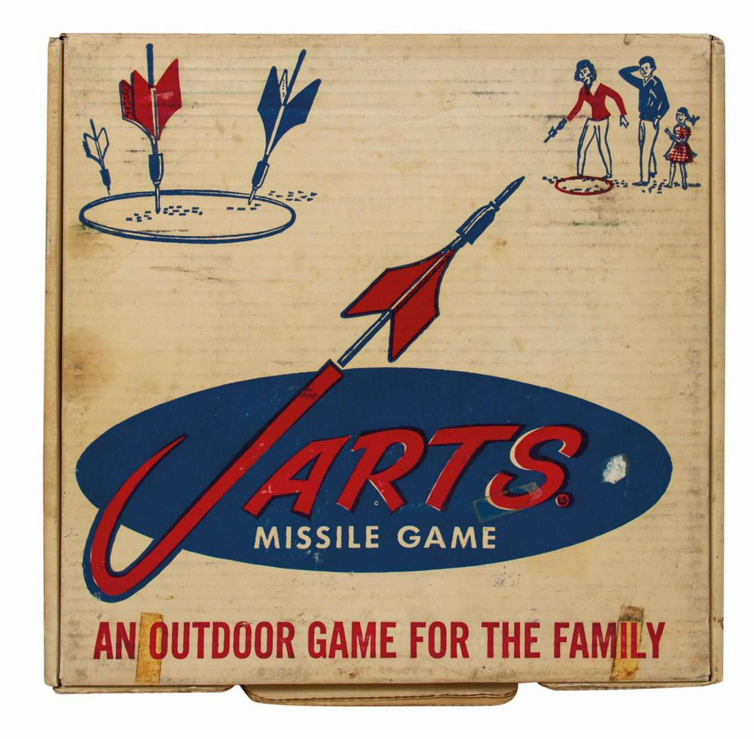 Jarts Missile Game.: (Jarts, ca. 1960s) A vintage Jarts Missile Game set manufactured by the Jarts Company. From the popularizers of the controversial outdoor game, this Jarts set includes 2 darts with red flights, 2 dart