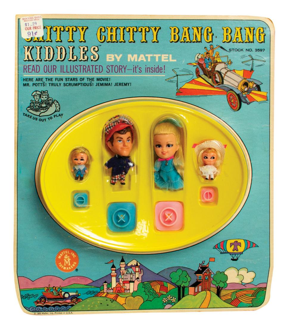 Chitty Chitty Bang Bang Kiddles.: (Mattel, 1968) A vintage Chitty Chitty Bang Bang Kiddles set manufactured by Mattel. The set includes Mr. Potts and Truly Scrumptious 2" dolls as well as Jeremy and Jemima Potts 1" dolls. Each doll in