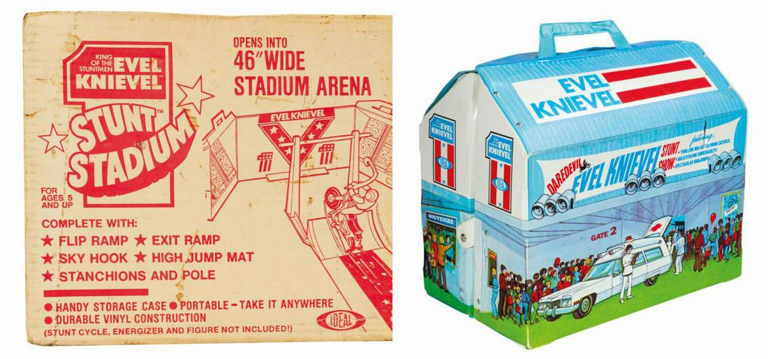 Evel Knievel Stunt Stadium Playset.: (Ideal, 1974) A vintage Evel Knievel Stunt Stadium Playset manufactured by Ideal. The set includes a cardboard and vinyl carrying case, which folds out to form the stadium, as well as a pair of high j