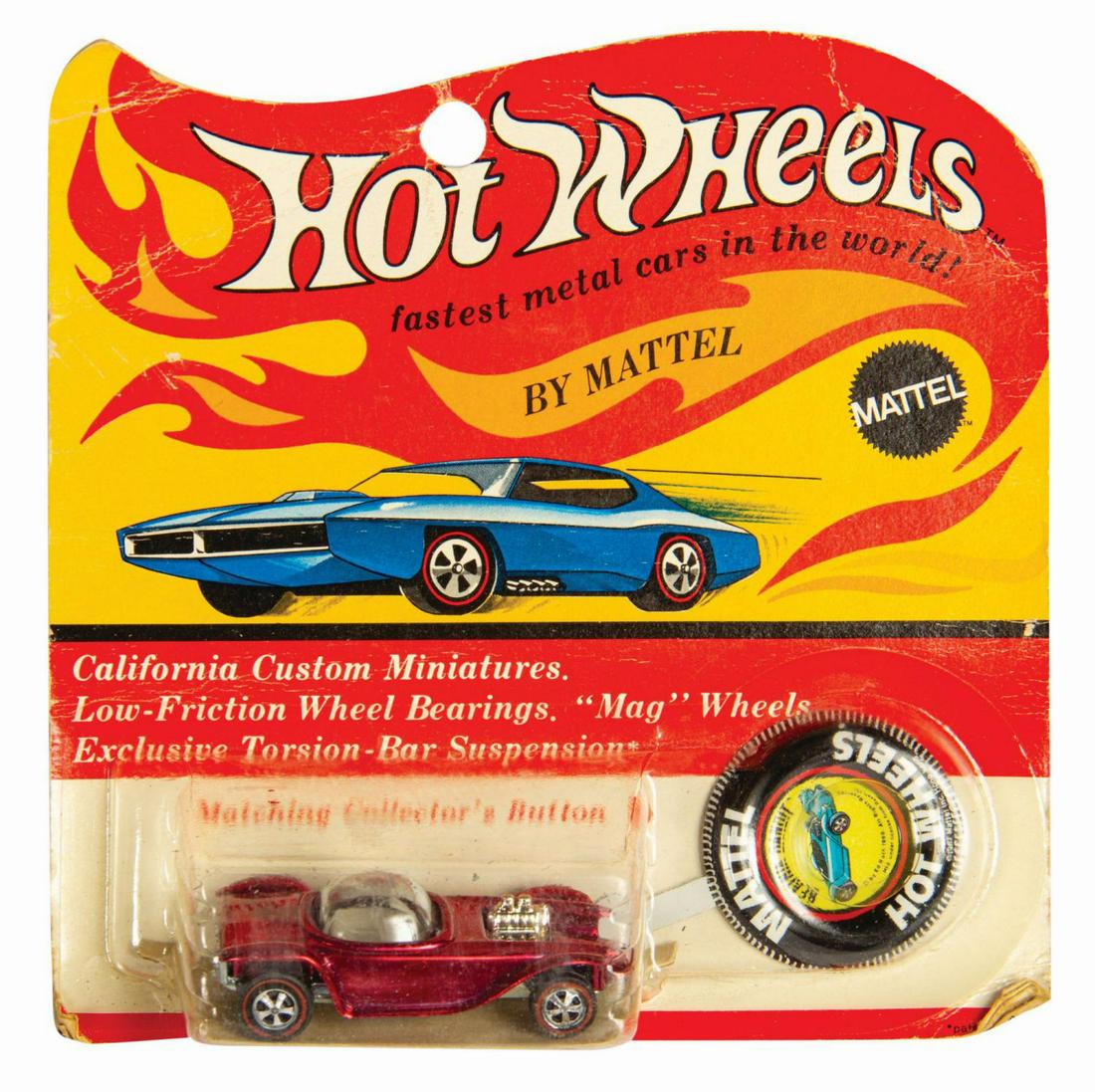 Hot Wheels Red Beatnik Bandit on Card.: (Mattel, 1969) A very rare red colored Beatnik Bandit die-cast car by Hot Wheels. This hotrod design was created in 1961 by legendary car customizer and visual artist, Ed "Big Daddy" Roth, with this p