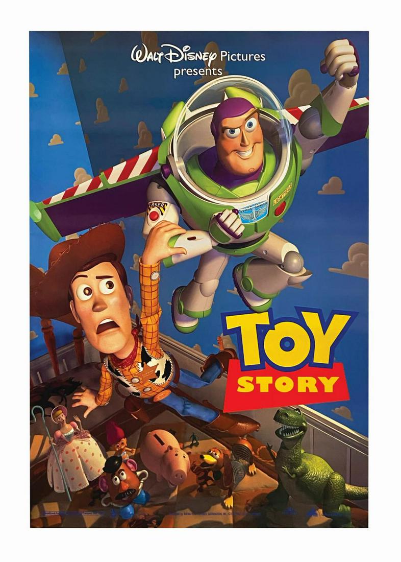 Toy Story 1-Sheet Poster.: (Pixar, 1995) An double-sided U.S. 1-sheet poster for the Pixar animated classic, Toy Story. Issued rolled and never folded, this "Flying Style" poster depicts Buzz Lightyear dragging Woody to infinit