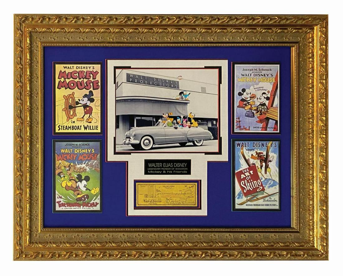 Walt Disney Signed Check Framed Display.: (Disney, 1952) A Walt Disney signed check presented in a magnificent framed display. The Walter E. Disney Bank of America personal check is ink-stamp-dated April 29, 1952 and made out for the sum of $