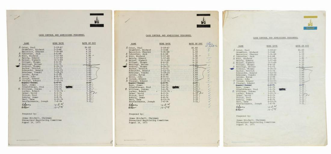 Disneyland Cast Member Unionization Archive.: (Disneyland, 1975-76) An archive of documents and correspondence related to labor disputes between Disneyland Cash Control and Admissions employees and park management. In 1976, the Federal Mediation 