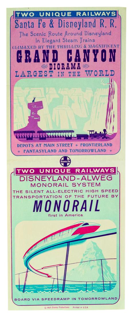 Grand Canyon Diorama and Monorail Handbill.: (Disneyland, 1959) A rare vintage handbill promoting the newly opened Disneyland-Alweg Monorail and the Santa Fe & Disneyland Railroad Grand Canyon Diorama. The Disneyland-Alweg Monorail System opened