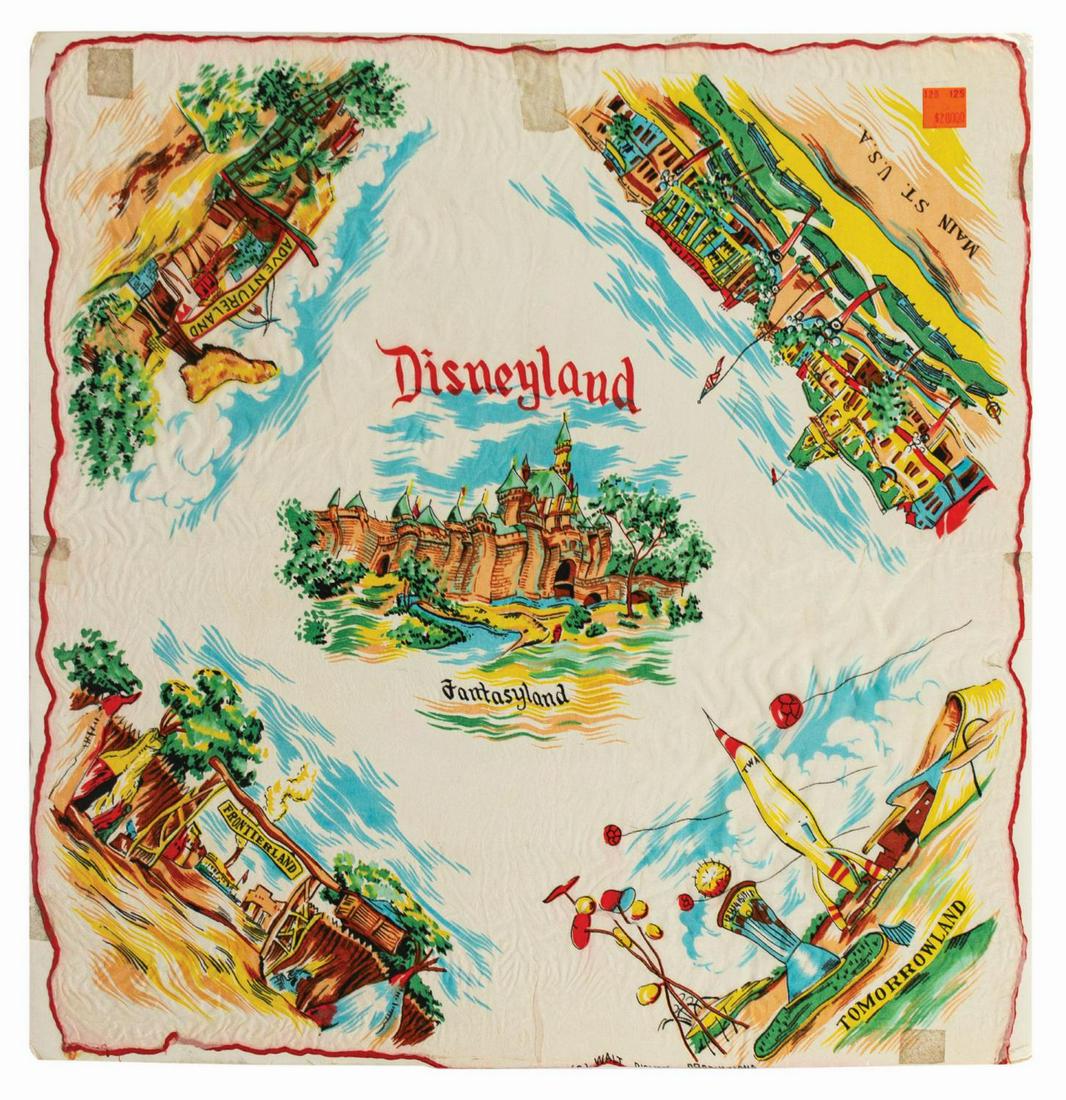 Disneyland Silk Lands Scarf.: (Disneyland, c.1950s) An early vintage Disneyland scarf with colorful imagery from each of the park's original five lands. The white and red silk scarf measures approximately 16"x16.25" and is in fine