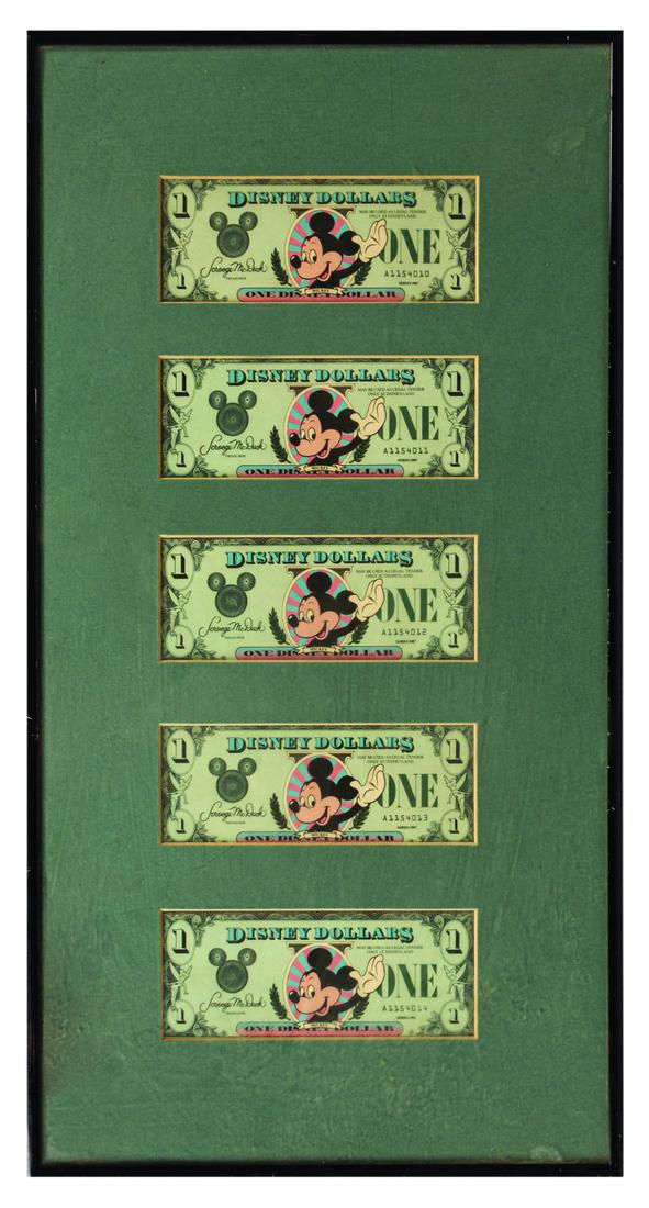 Set of (5) Sequential 1987 Mickey $1 Disney Dollars. (1 of 2)