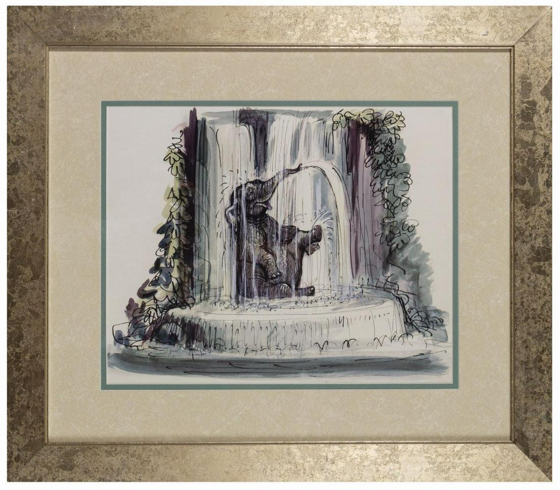 Disneyland Hotel Jungle Cruise Elephant Concept Print.: (Disneyland Hotel, c.2000s) A framed print of Imagineer Marc Davis's concept art for the Jungle Cruise attraction at Disneyland. Artwork from the history of the park is a fixture of the Disneyland Hot