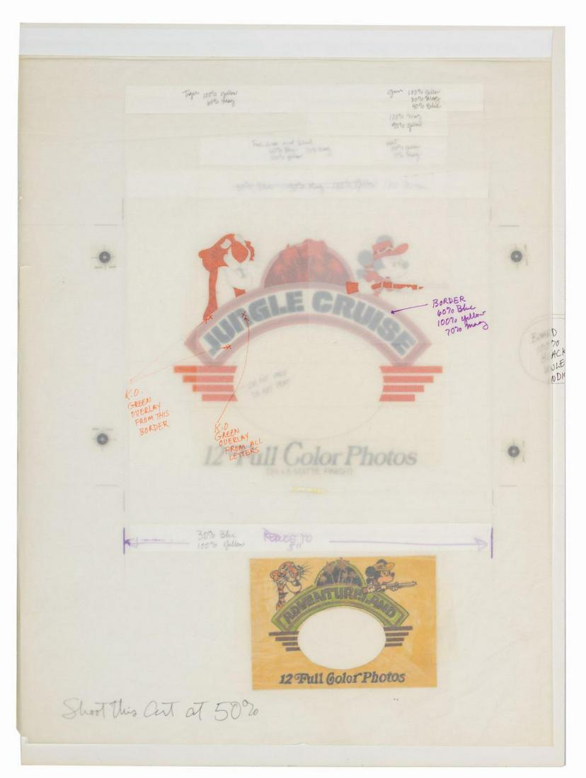 Original Jungle Cruise Souvenir Photos Artwork.: (Disneyland, c.1970s) This artwork was used in the creation of a souvenir photo book for the Jungle Cruise attraction. The artwork is composed of 6 layers of red and black details used as printing gui
