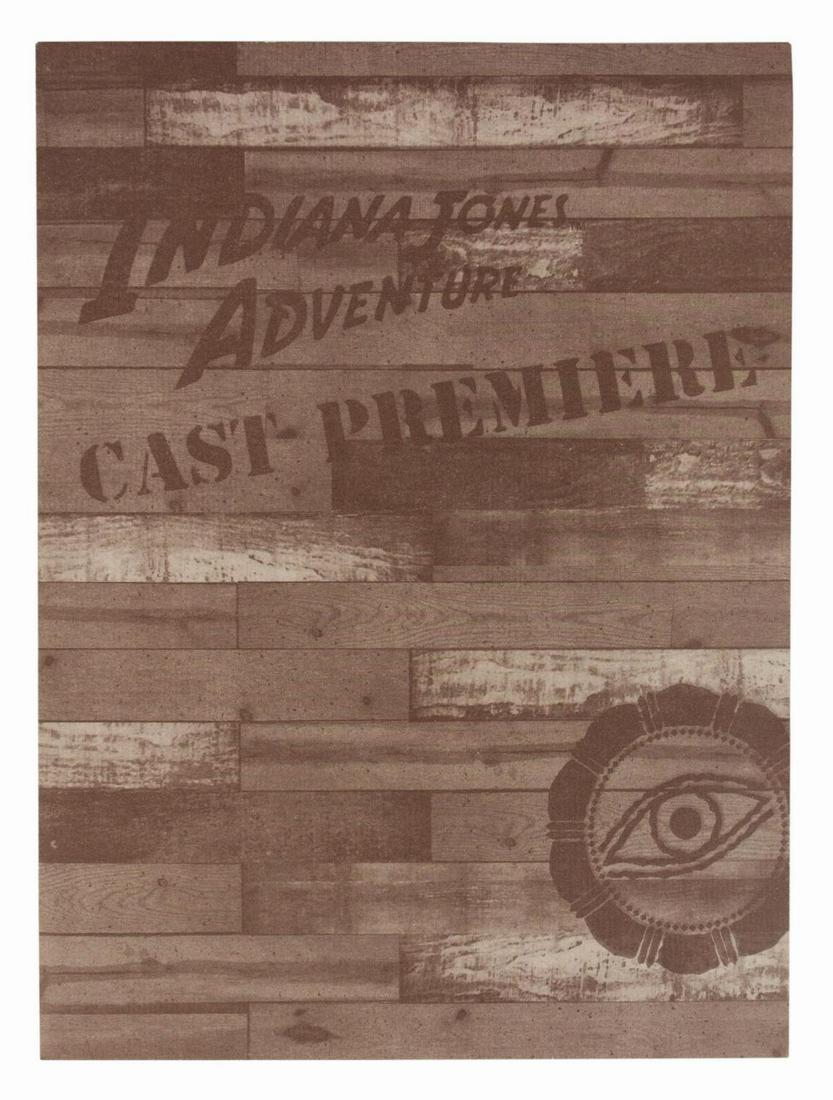 Indiana Jones Adventure Cast Premiere Kit.: (Disneyland, 1995) A rare promotional kit created for the exclusive Indiana Jones Adventure Cast Premiere event at Disneyland. The kit includes (2) unused sneak preview tickets for the attraction, a M