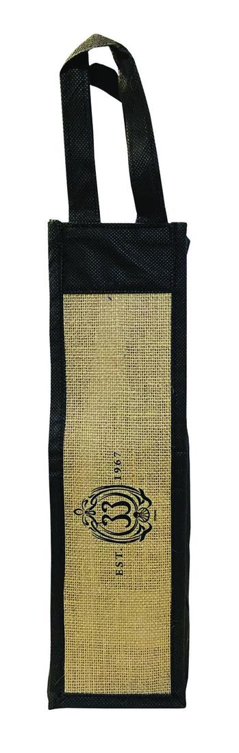 Club 33 Wine Tote.: (Disneyland, c.2010s) A wine tote only available to members of Disneyland's Club 33. The burlap and synthetic fabric single-bottle tote bag has two fabric hoop handles at the top, a rigid plastic inse