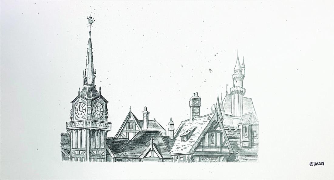 Original Fantasyland Drawing.: (Disneyland, c. 1990s) An original production drawing of Disneyland's Fantasyland. Accomplished in pencil on artist's leaf mounted to illustration board, the artwork depicts the Fantasyland skyline wi